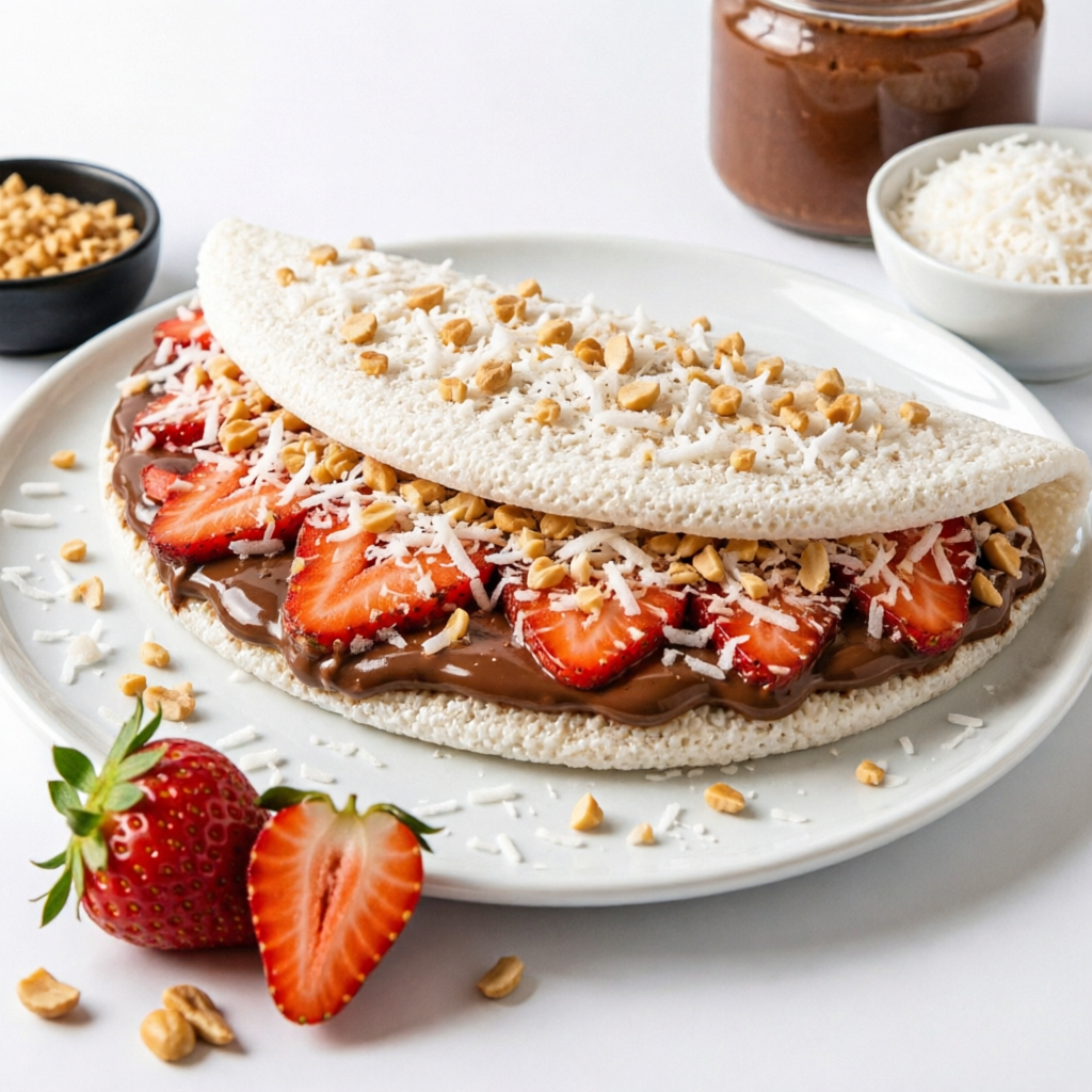 Tapioca doce amor: Para quem ama adoçar a sua vida. Acompanha morangos selecionados, chocolate, amendoim e coco.