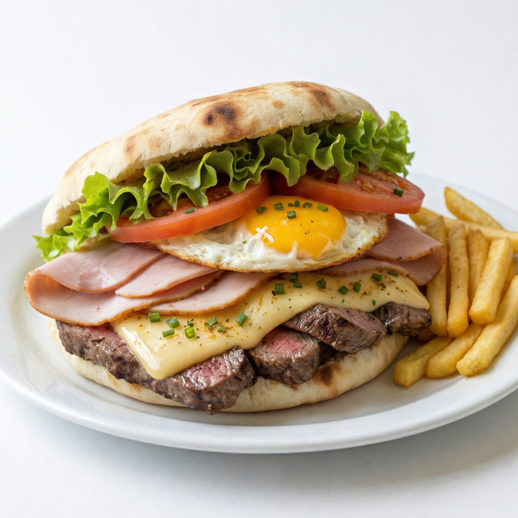 Pão sírio, bife, ovo, peito de peru, queijo, alface, tomate e fritas.
