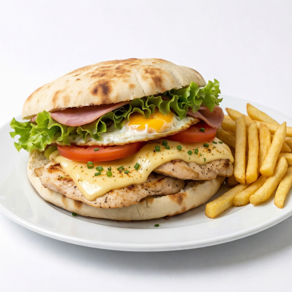 Pão sírio, filé de frango, queijo prato, tomate, alface, presunto com ovo e fritas.