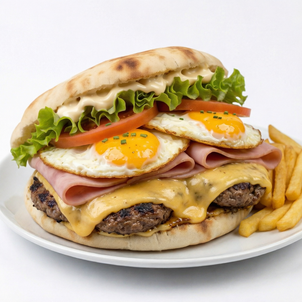 Pão sírio, 2 hambúrgueres, 2 ovos, queijo, presunto, alface, tomate, maionese e fritas.