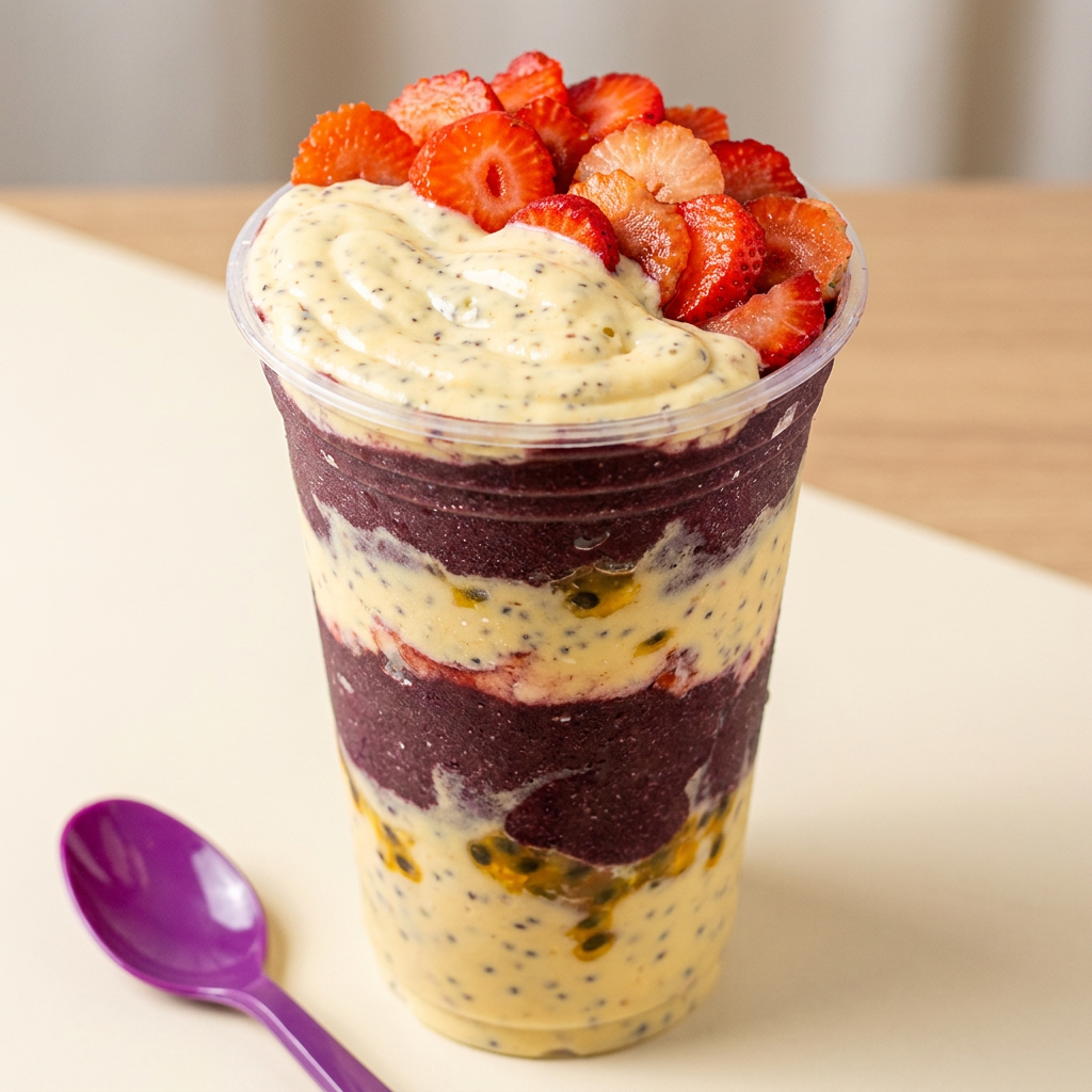 Explosão de sabores com mousse de maracujá, açaí e morangos selecionados — refrescante, cremoso e simplesmente viciante!