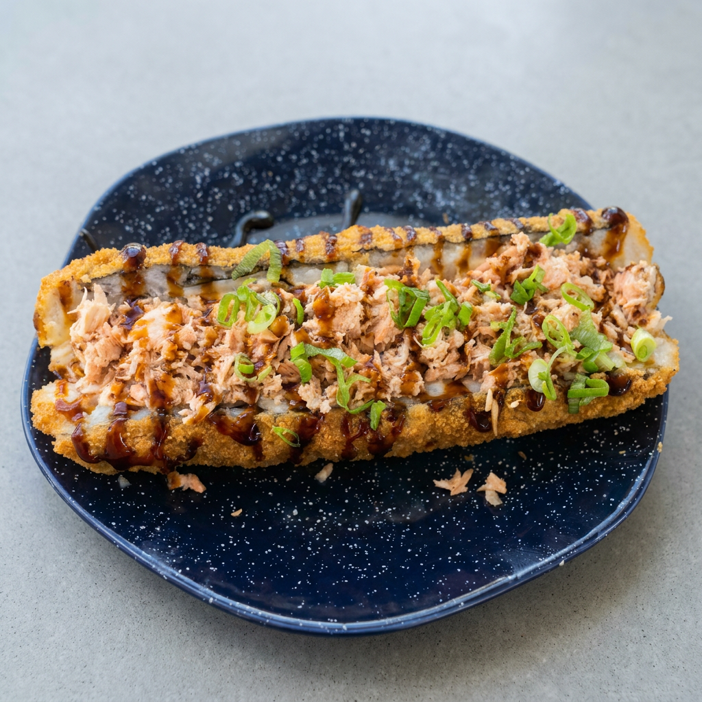 Hot Roll Premium Sushi preparado com arroz (shari), recheado com salmão grelhado e cream cheese. Servido frito com cebolinha. TARE ENVIADO A PARTE.