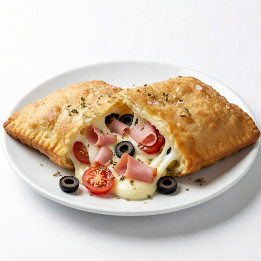 Uma combinação irresistível de queijo derretido, presunto suculento, tomate fresquinho, azeitonas e um toque especial de orégano. Crocante por fora e super saboroso por dentro — a clássica pizza no formato de pastel!