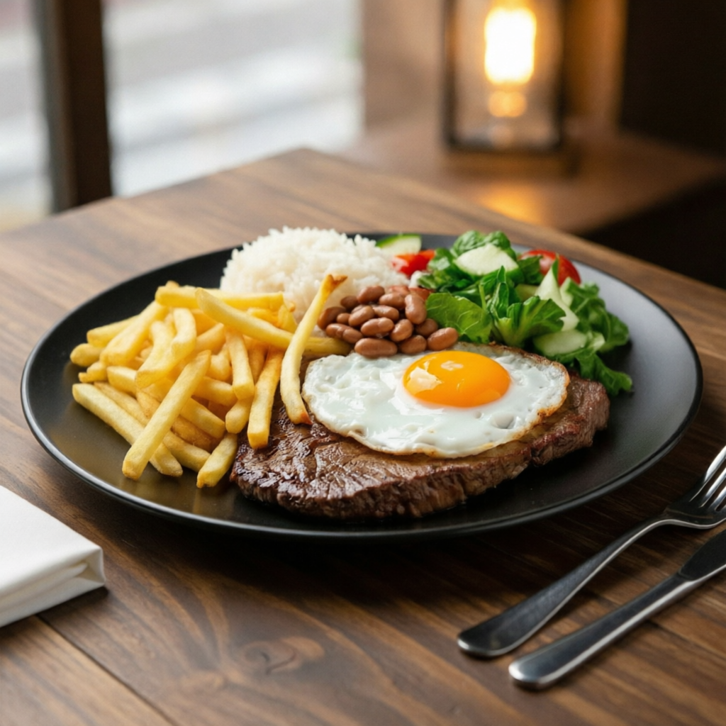 NÃO FAZEMOS ALTERAÇÃO NO PRATO. Bife a Cavalo Especial. Preparamos um bife macio e saboroso, finalizado com ovos frescos fritos no ponto perfeito. Saboreie com nosso arroz soltinho, feijão temperado e batatas fritas sequinhas. Qualidade e sabor em cada garfada!