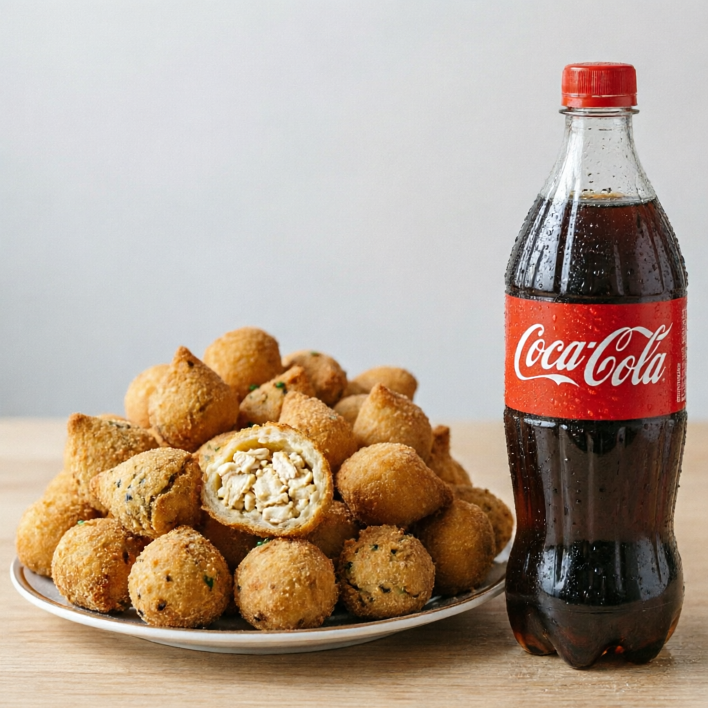 100 Mini coxinhas 16g cada un. com massa leve, recheio cremoso de frango e crocância irresistível! + coca 2L