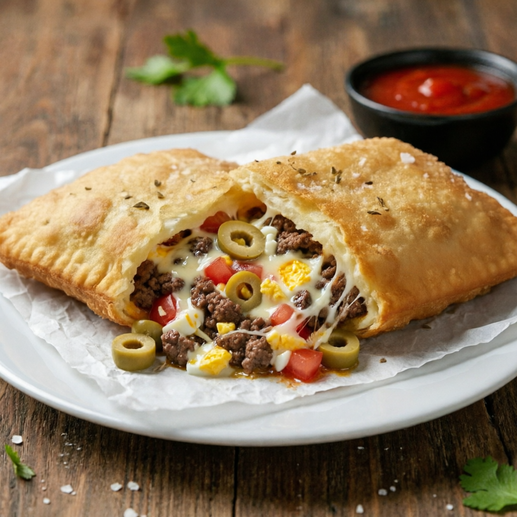 Um pastel recheado com uma mistura saborosa de carne moída temperada, ovo, tomate, queijo derretido e azeitonas, criando uma combinação caseira e irresistível. Cada mordida entrega muito sabor e aquele toque especial que conquista qualquer um.