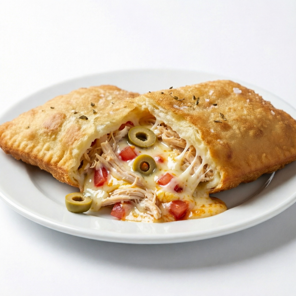 Um pastel recheado com uma mistura saborosa de frango desfiado, temperada, ovo, tomate, queijo derretido e azeitonas, criando uma combinação caseira e irresistível. Cada mordida entrega muito sabor e aquele toque especial que conquista qualquer um.