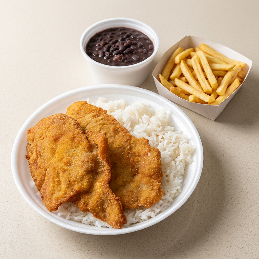 Acompanha: arroz, feijão, bife à milanesa , batata frita. ( não acompanha salada)