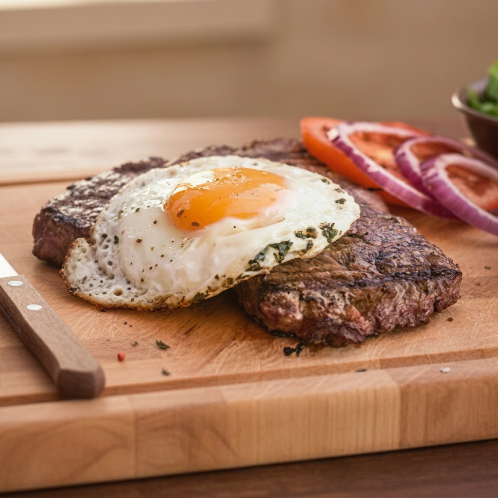 Acompanha: Bife acebolado com ovo por cima, arroz, feijão e batata frita.