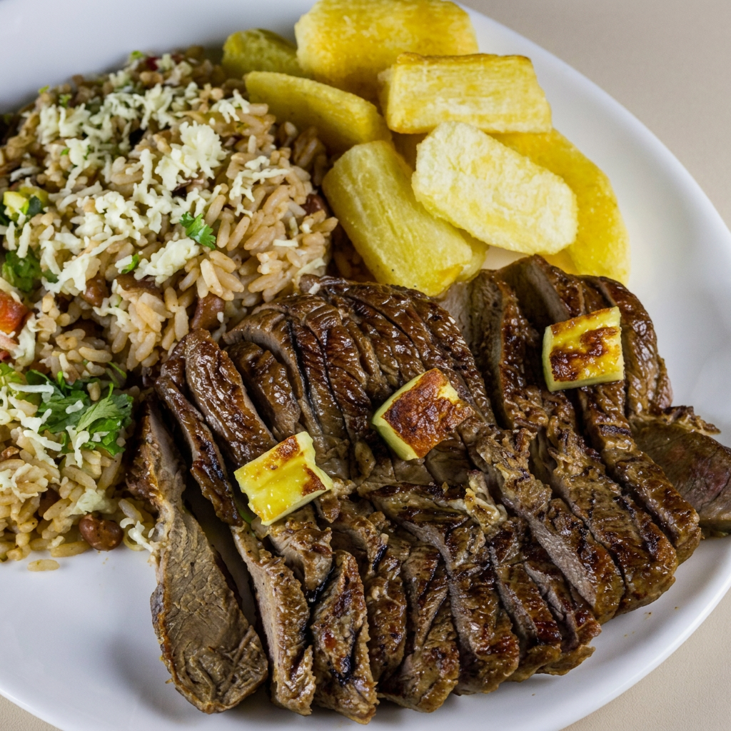 Baião com carne de sol, queijo coalho e farofa.