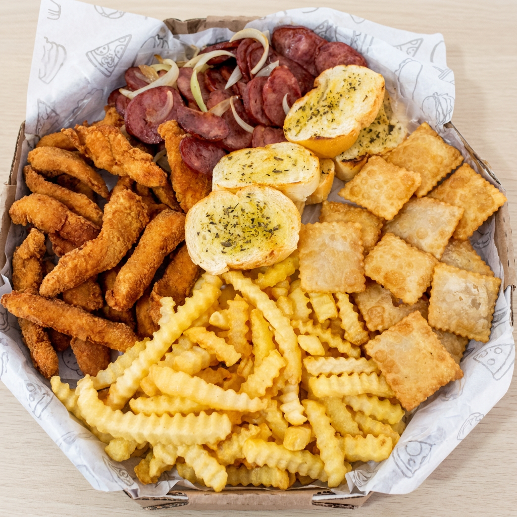 Iscas de frango empanado, anéis de cebola, batata frita e pasteizinhos.