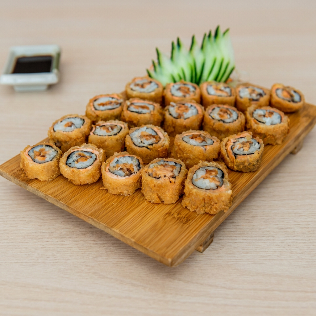 20 peças de enrolado frito com arroz e recheio de peixe coberto com cream cheese .