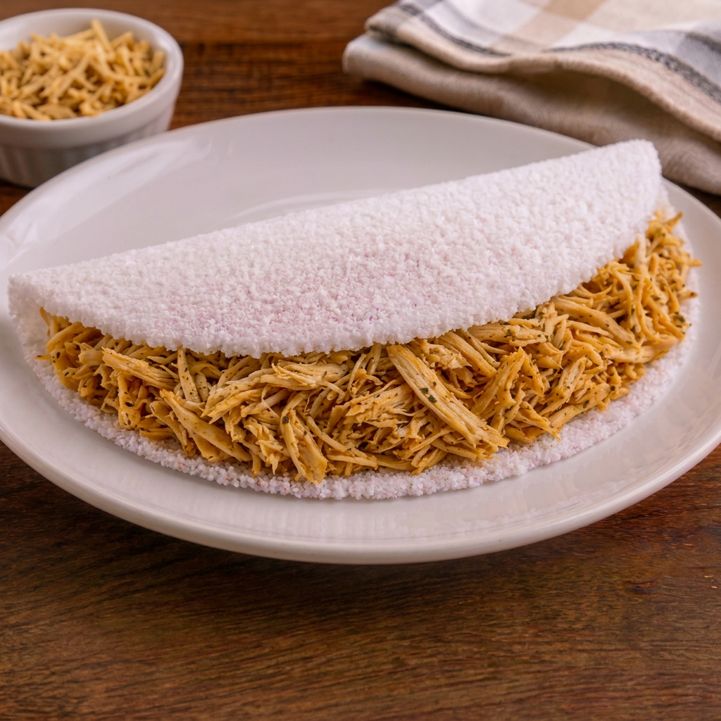 Tapioca feita na hora, recheada com frango desfiado suculento