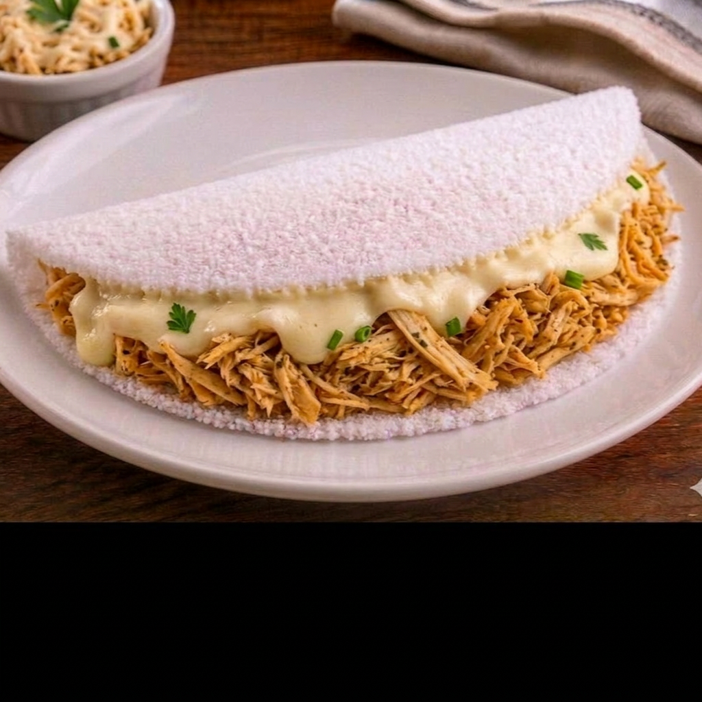 Frango desfiado bem temperado com muito Catupiry cremoso em uma tapioca leve e feita na hora
