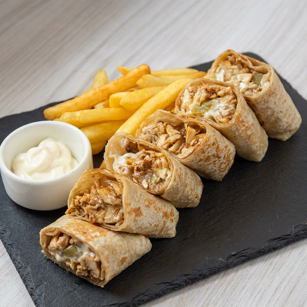 Shawarma bruto de frango cortado , bem recheado, com frango suculento e temperado, alface,tomate fresco, picles e molho de alho cremoso no pão folha macio.Acompanha: Batata frita crocante Molho de alho extra Refrigerante lata gelado