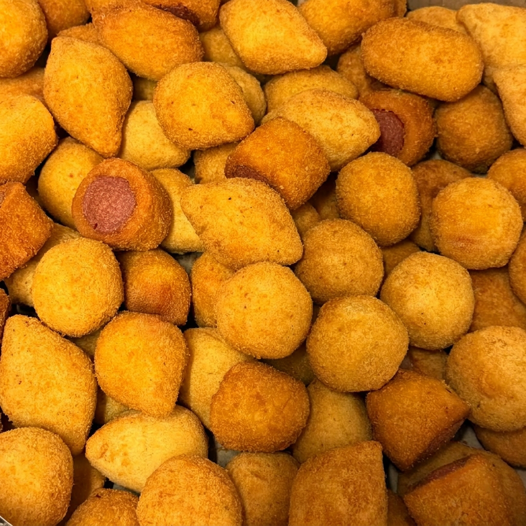 O mini maior que o padrão do mercado, sendo mais recheado e satisfatório. escolha a quantidade que deseja e até seis sabores: mini bolinho de carne mini bolinho de queijo mini bolinho de calabresa mini risole de queijo e presunto mini enroladinho de salsicha mini coxinha.