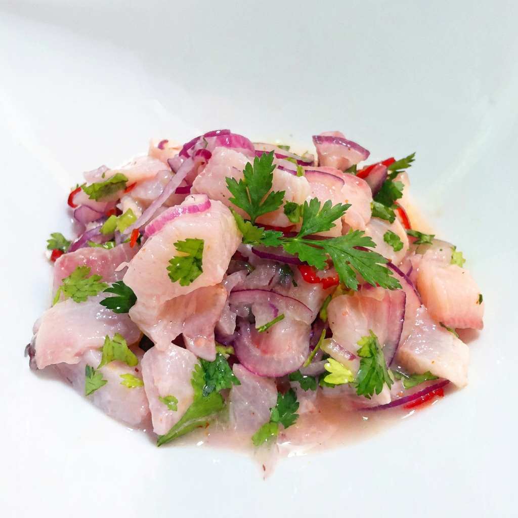Uma explosão de frescor e sabor. Nosso ceviche é feito com a Tilapia do Dia, delicadamente cortado em cubos e marinado no ponto certo com suco de limão, cebola roxa, pimenta dedo de moça e coentro. A acidez do limão e o toque picante criam uma harmonia perfeita.