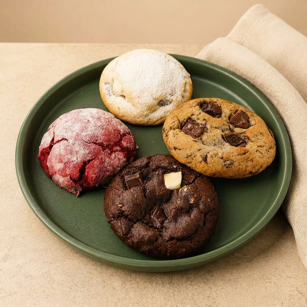 Assados na hora, o combo inclui: 1 Ninho com Nutella, 1 Red Velvet, 1 Triplo Chocolate e 1 American Classic.