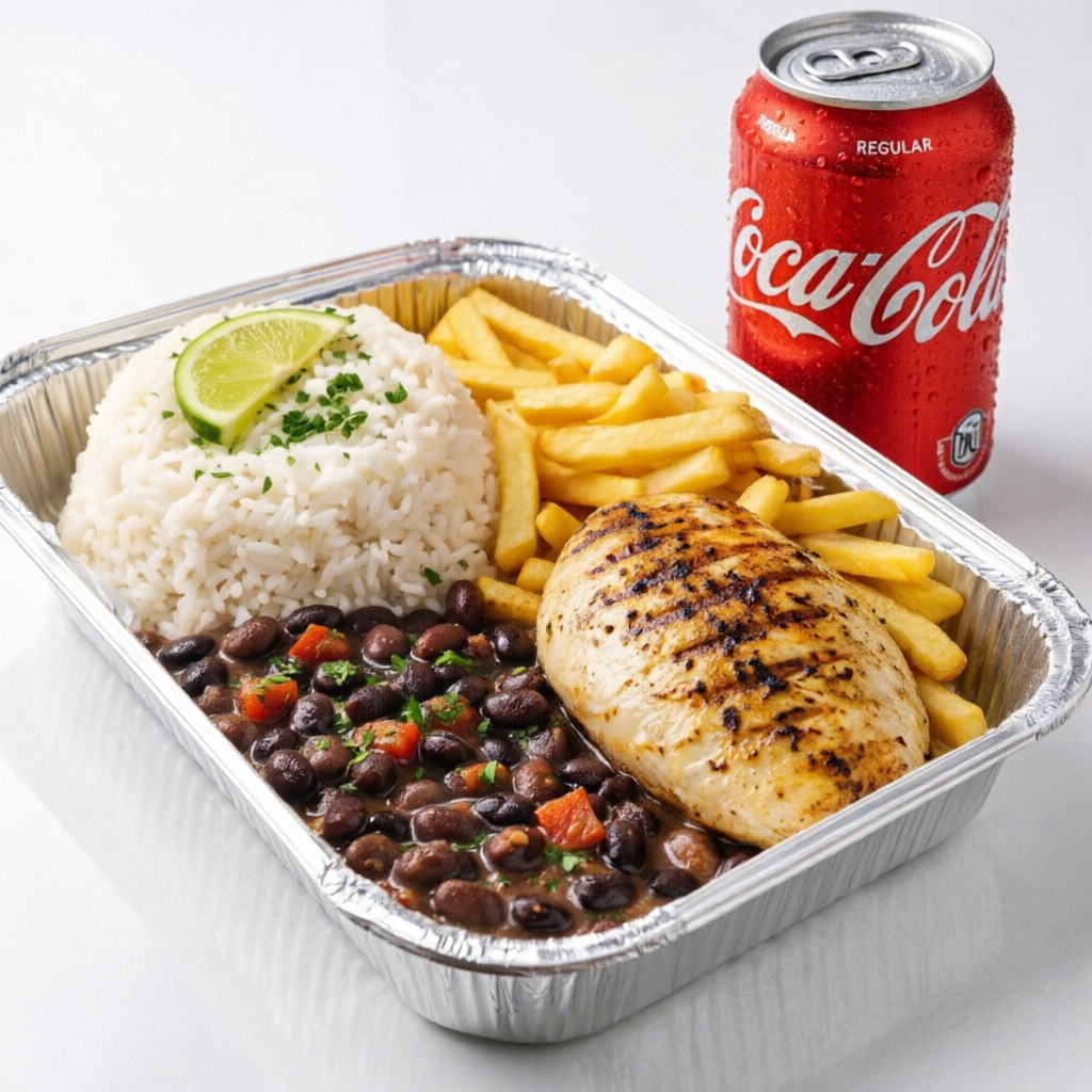 Acompanha arroz soltinho, feijão bem temperado, batata frita dourada e crocante e Coca-Cola 350ml bem gelada.