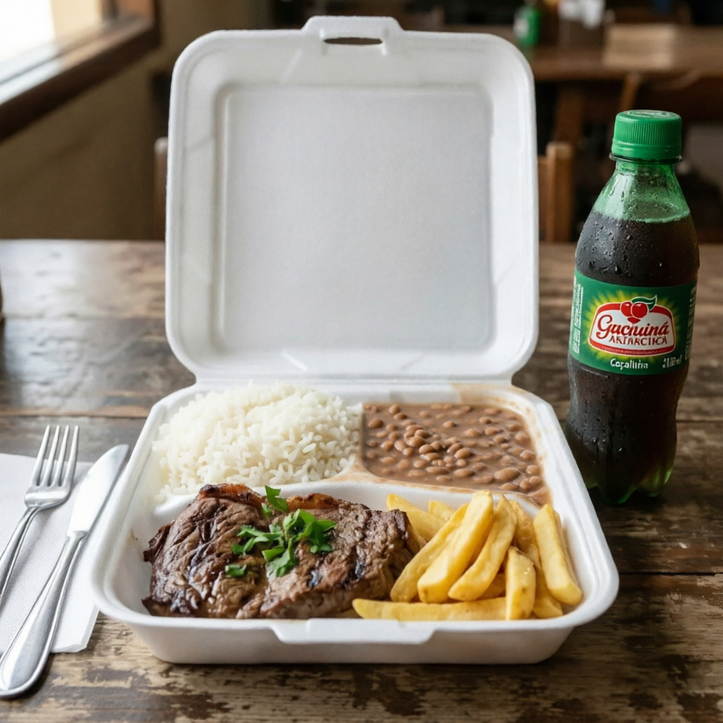 Acompanha arroz soltinho, feijão bem temperado, bife bovino macio e suculento, batata frita dourada e crocante e caçulinha bem gelada para finalizar.