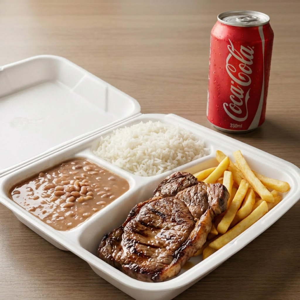 Acompanha arroz soltinho, feijão bem temperado, batata frita dourada e crocante e Coca-Cola 350ml bem gelada.