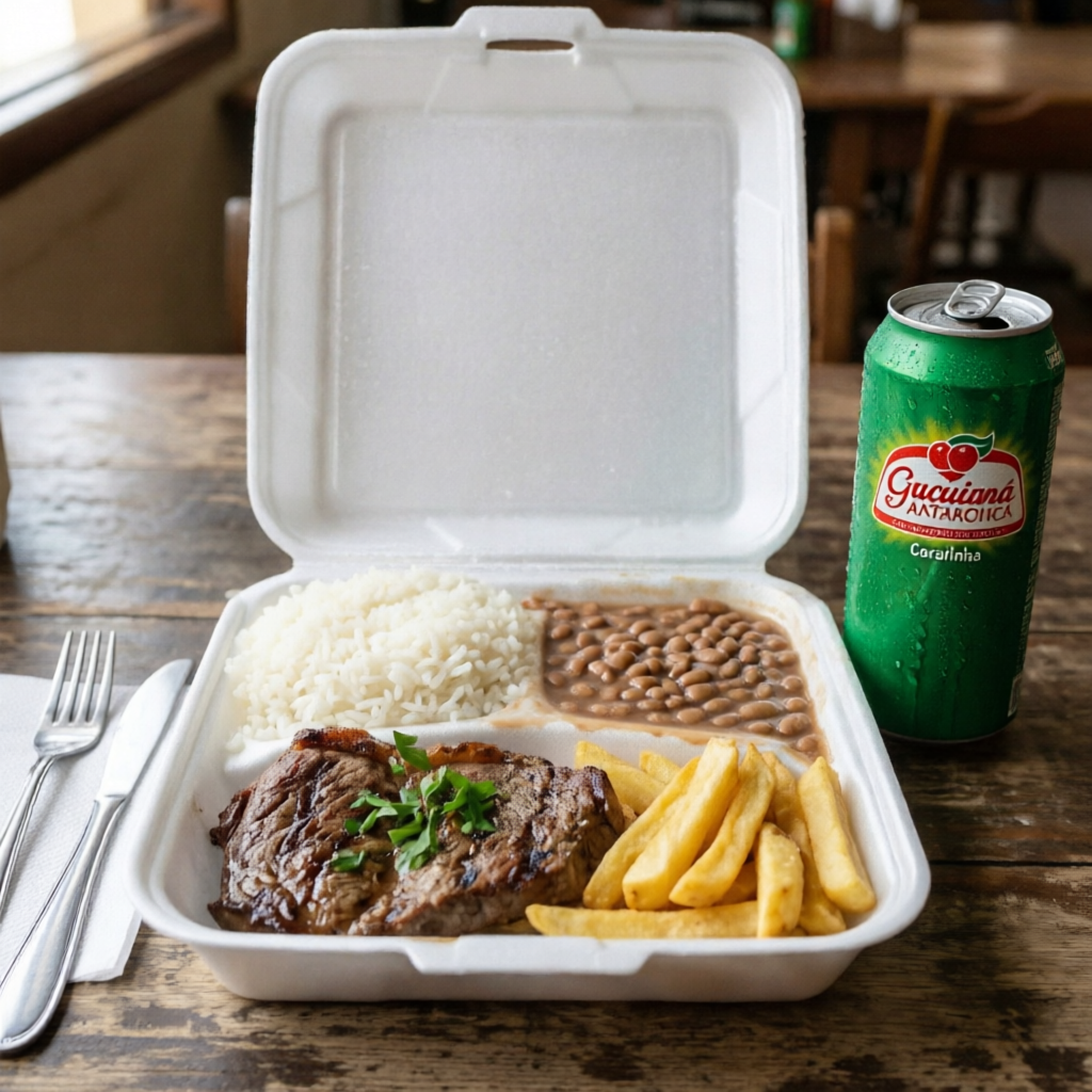 Acompanha arroz soltinho, feijão bem temperado, bife bovino macio e suculento, batata frita dourada e crocante e caçulinha bem gelada para finalizar.
