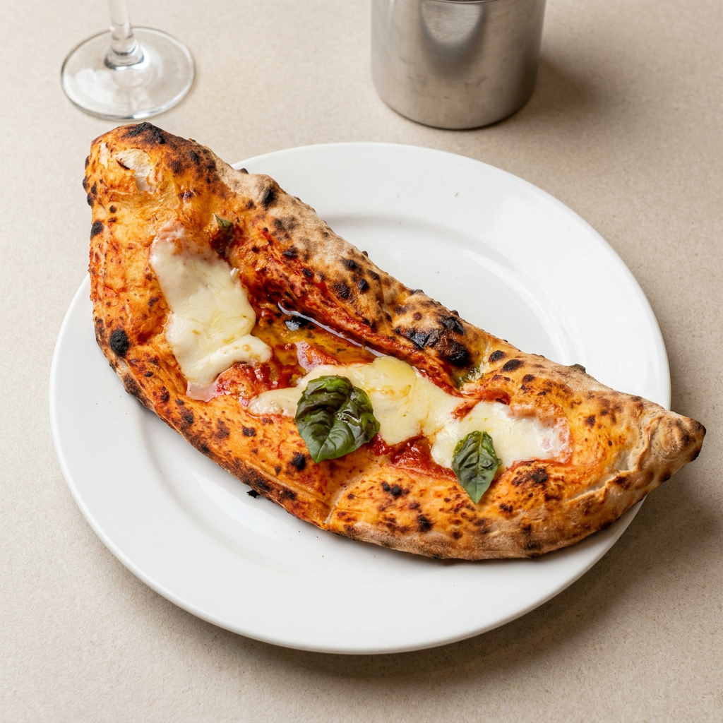 Massa de fermentação lenta recheada com mozzarella, parmesão, molho de tomate e burrata, finalizada com pesto de manjericão e queijo pecorino romano.