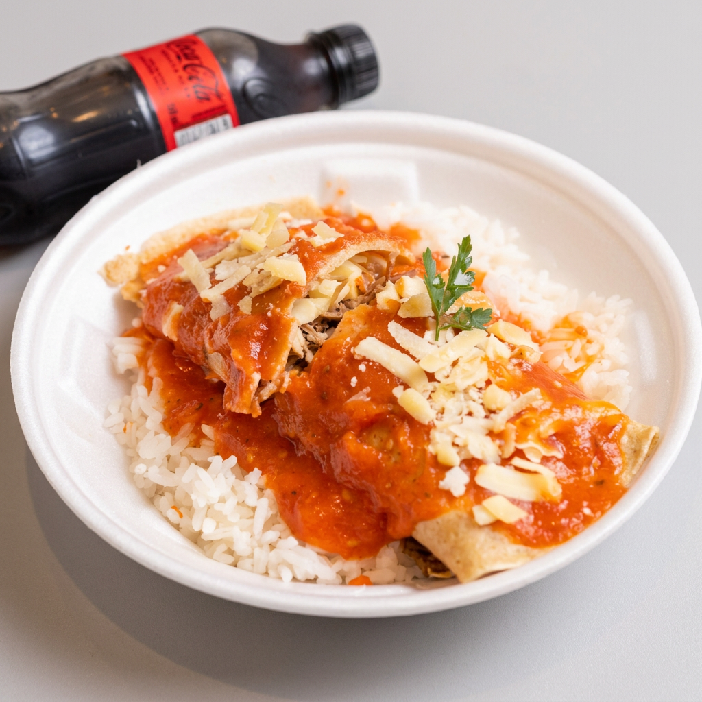Panquecas recheadas com carne desfiada e queijo, cobertas com molho e servidas com arroz soltinho. Deliciosa! Acompanha refrigerante caçulinha de sua escolha Aproximadamente 350 gr