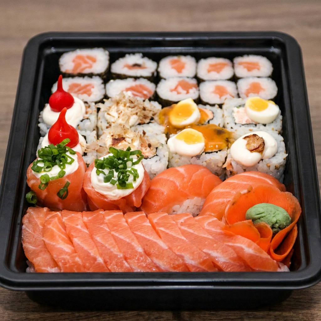 10 sashimis de lombo de salmão 2 jyos de salmão 2 niguiris de salmão 8 uramakis Philadelphia 8 hossamakis de salmao