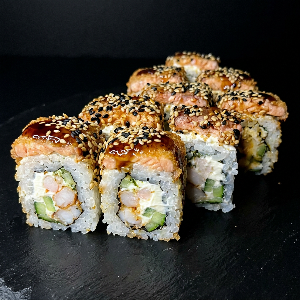 Camarão maçaricado no molho tonkatsu, cream cheese, pepino envolto por uma fatia de salmão empanado com gergelim e molho tarê.