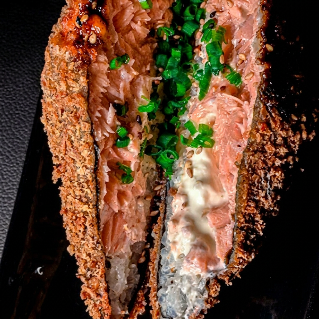 Salmão, cream cheese, cebolinha e gergelim.