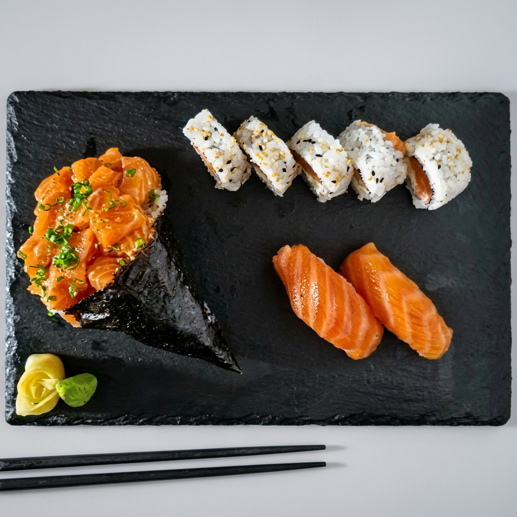 1 temaki salmão filadélfia, 2 niguiri salmão, 5 uramaki salmão filadélfia.