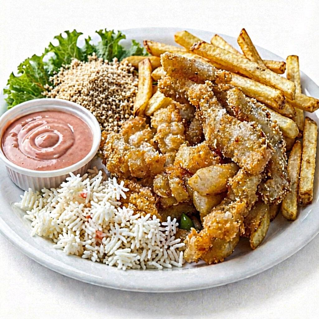 300g de batata frita 300g de peixe farofa e molho rosé