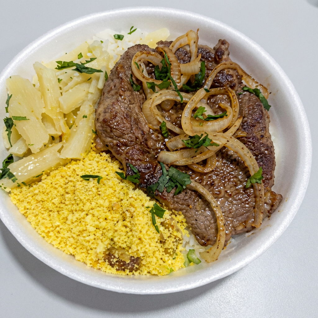 Bife de acebolado, arroz branco, macarrão, feijão, salada e farofa.