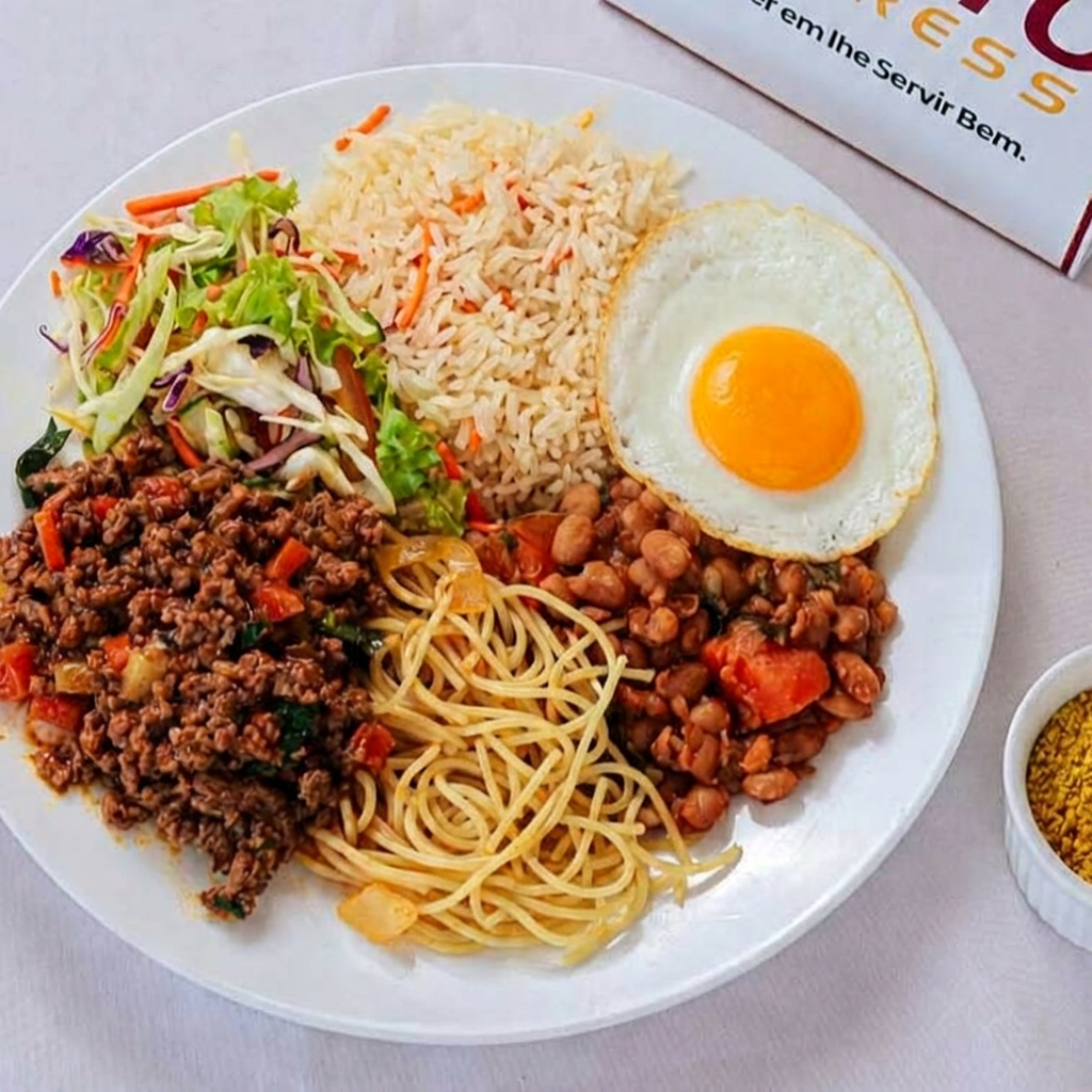 Acompanha arroz soltinho, feijão temperado, macarrão al dente, salada fresca e farofa crocante. Uma marmita completa e saborosa.