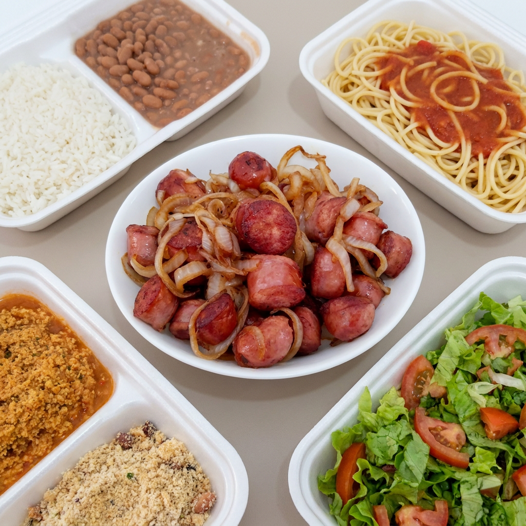 Arroz, feijão, macarrão, farofa e salada.