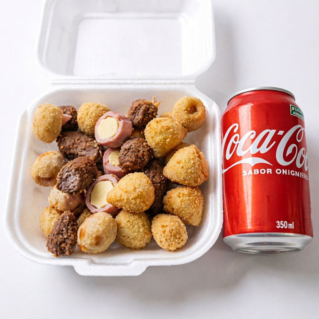 Delicioso com de 25 mini salgados mistos com os sabores de coxinhade frango, carne e presunto e queijo todos fritos na hora mais umarefrigerante 350ml geladinha Tags: pastel, crocante, recheado, lanche, saboroso, artesanal, caseiro,