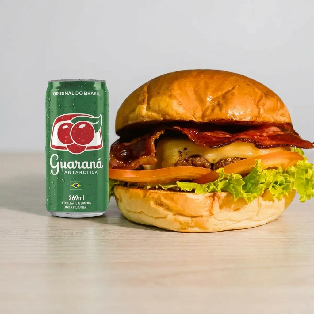 1 Smash Bacon + Guaraná lata. Carne 80g, alface, tomate, pão amanteigado, bacon, queijo mussarela ou cheddar
