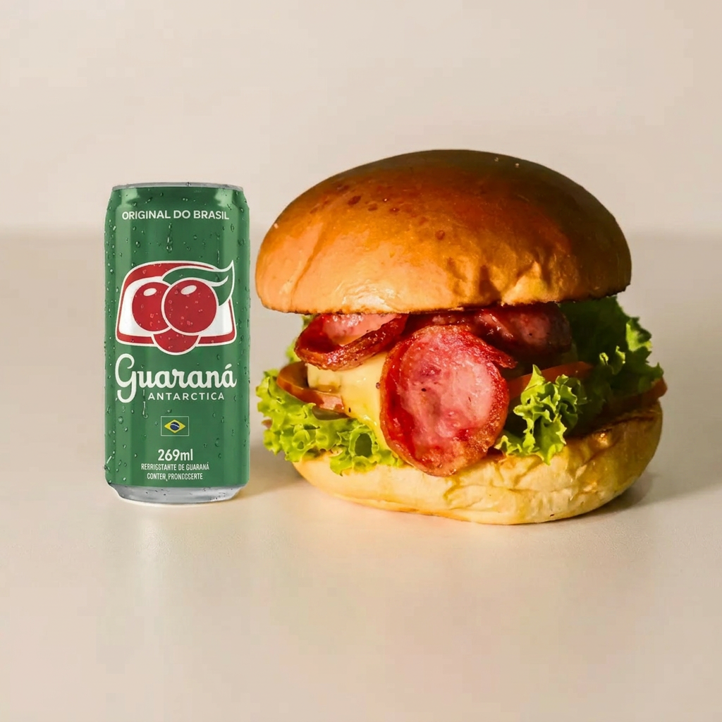 1 Guaraná lata e 1 Smash Calabresa. Pão amanteigado, alface, tomate, calabresa grelhada. Serve 1 pessoa