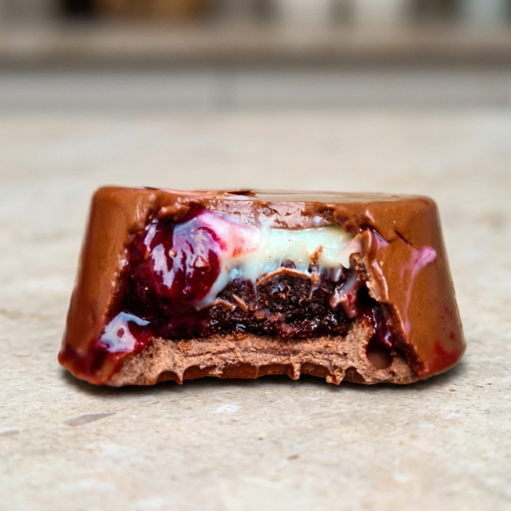 Casquinha de chocolate blend, brigadeiro cremoso de limão siciliano, geléia artesanal de frutas vermelhas e brownie da Grazi.
