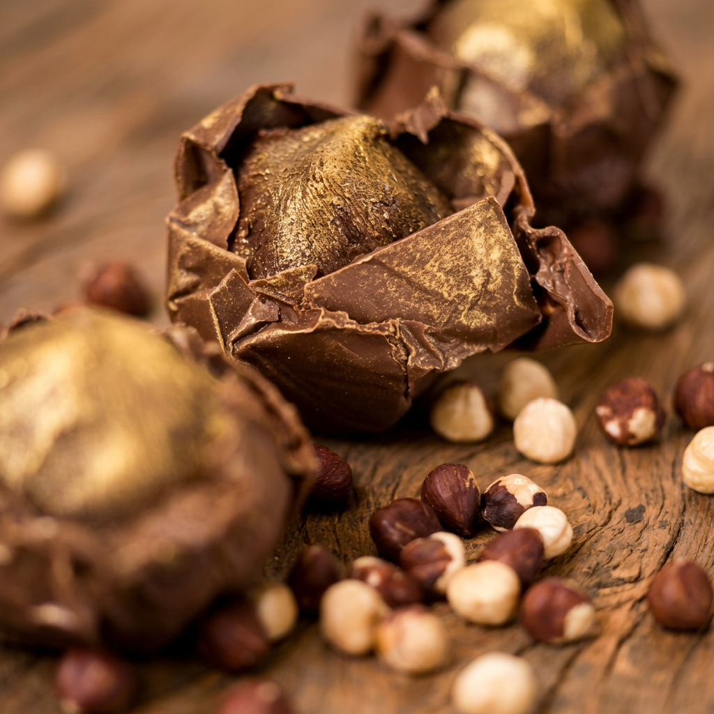 Musse de chocolate de chocolate ao leite, praliné de avelã e caramelo salgado.