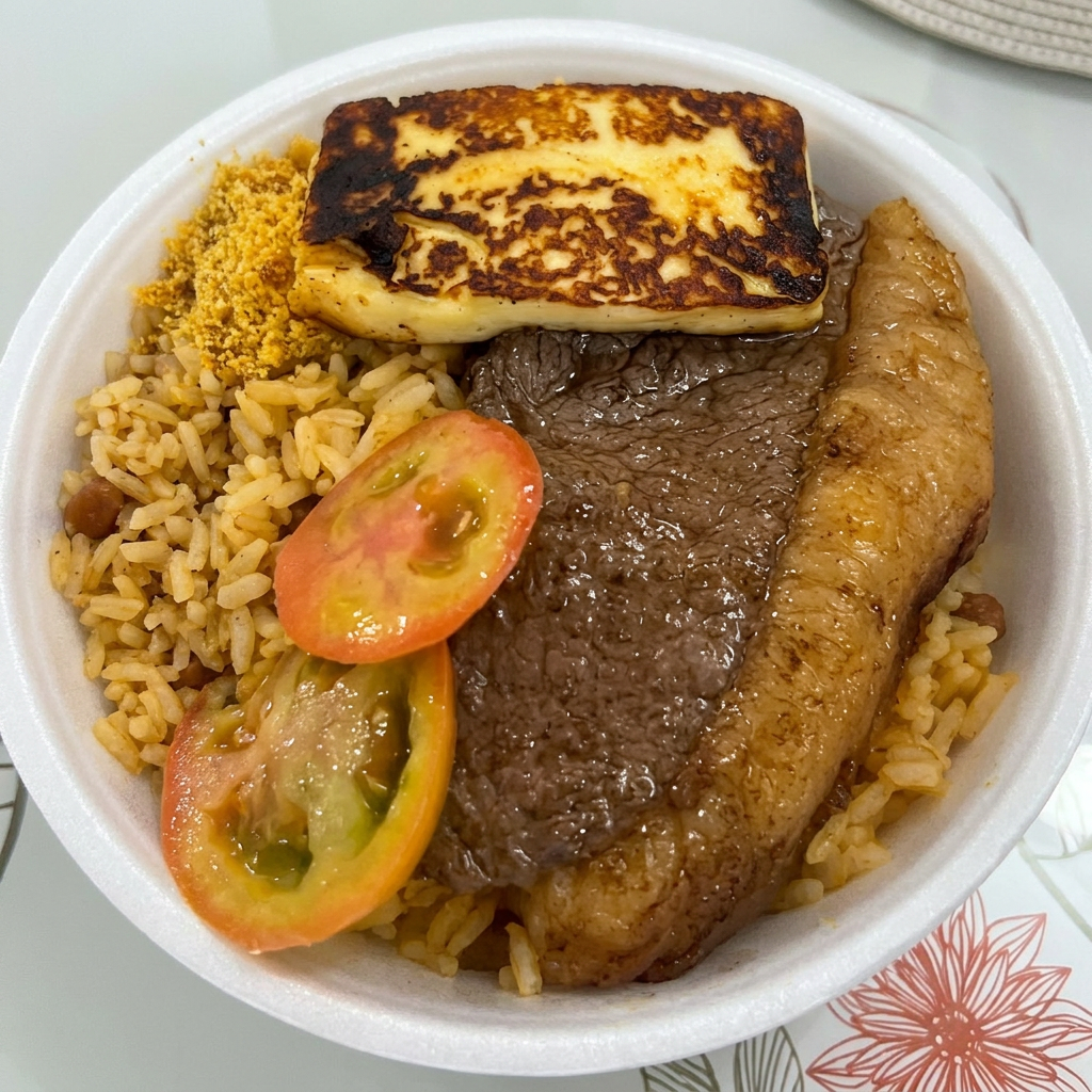 Baião com picanha, farofa.