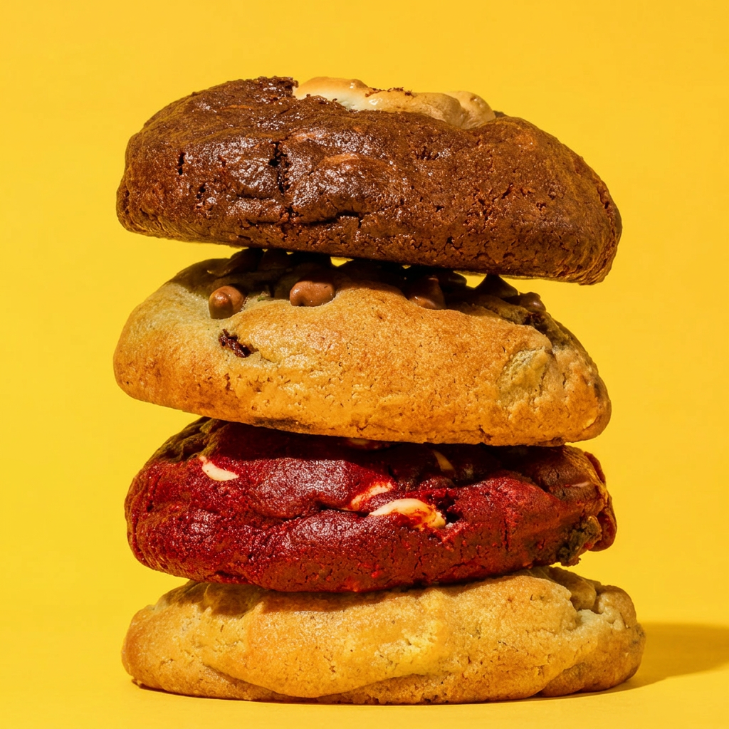 Aproveite o nosso combo com 4 sabores! Cada cookie pesa cerca de 125g - o tamanho perfeito para satisfazer sua vontade de doce. Aproveite esta oferta limitada e peça já a sua caixa!