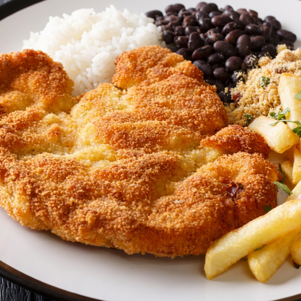 Frango a milanesa acompanha arroz feijão farofa e fritas