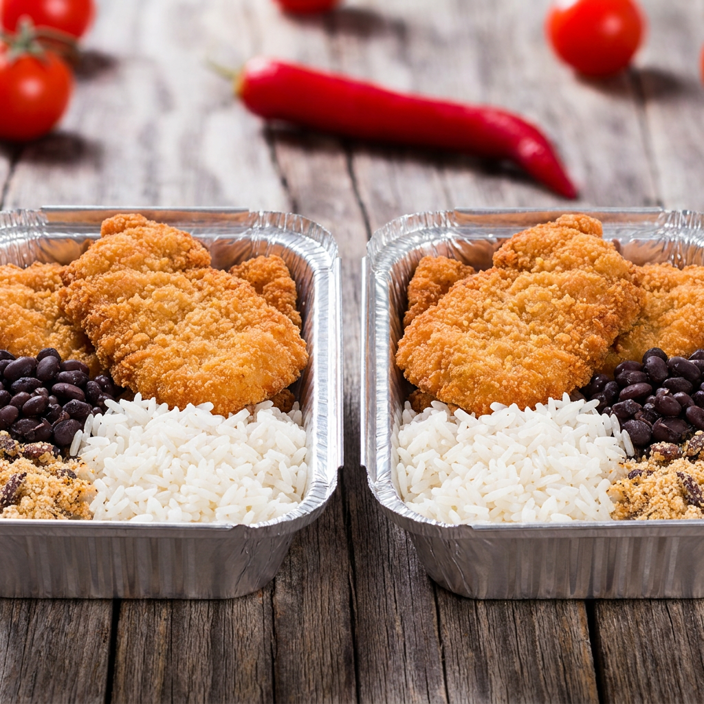 2 Marmitex de filé de frango a milanesa que acompanha, arroz feijão e farofa