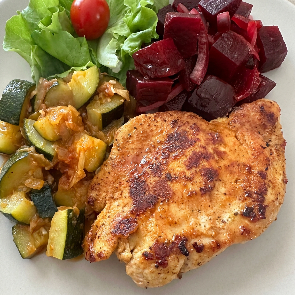Filé de frango arroz integral feijão carioca e legumes fresco.