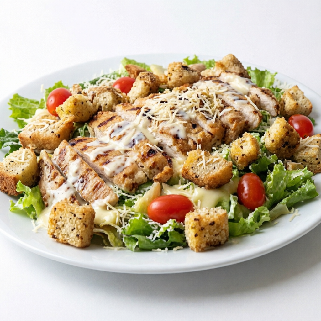 Filé de Frango Grelhado em tiras, Alface, Tomate Cereja, Queijo Parmesão, Croutons e molho Caesar.