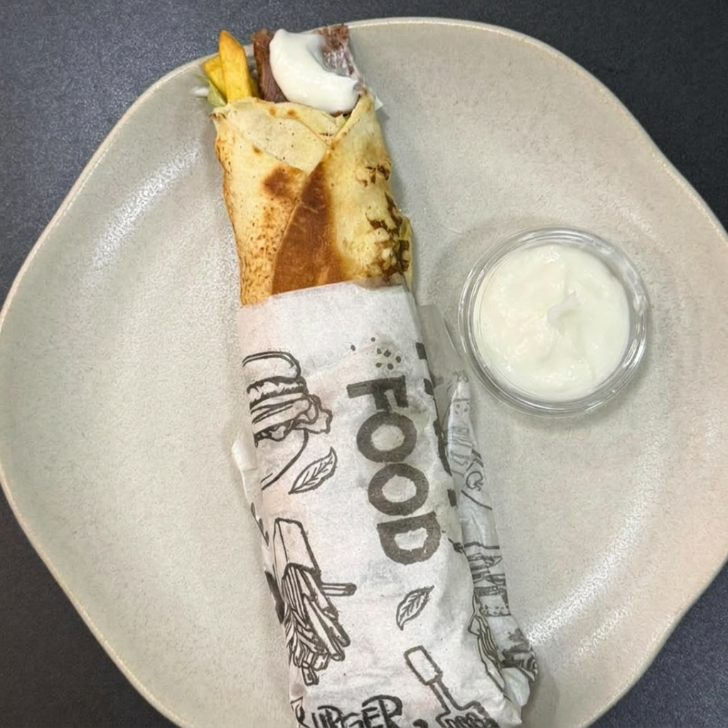 Frango fatiado, molho de alho, tomate, alface, batata frita, păo sírio