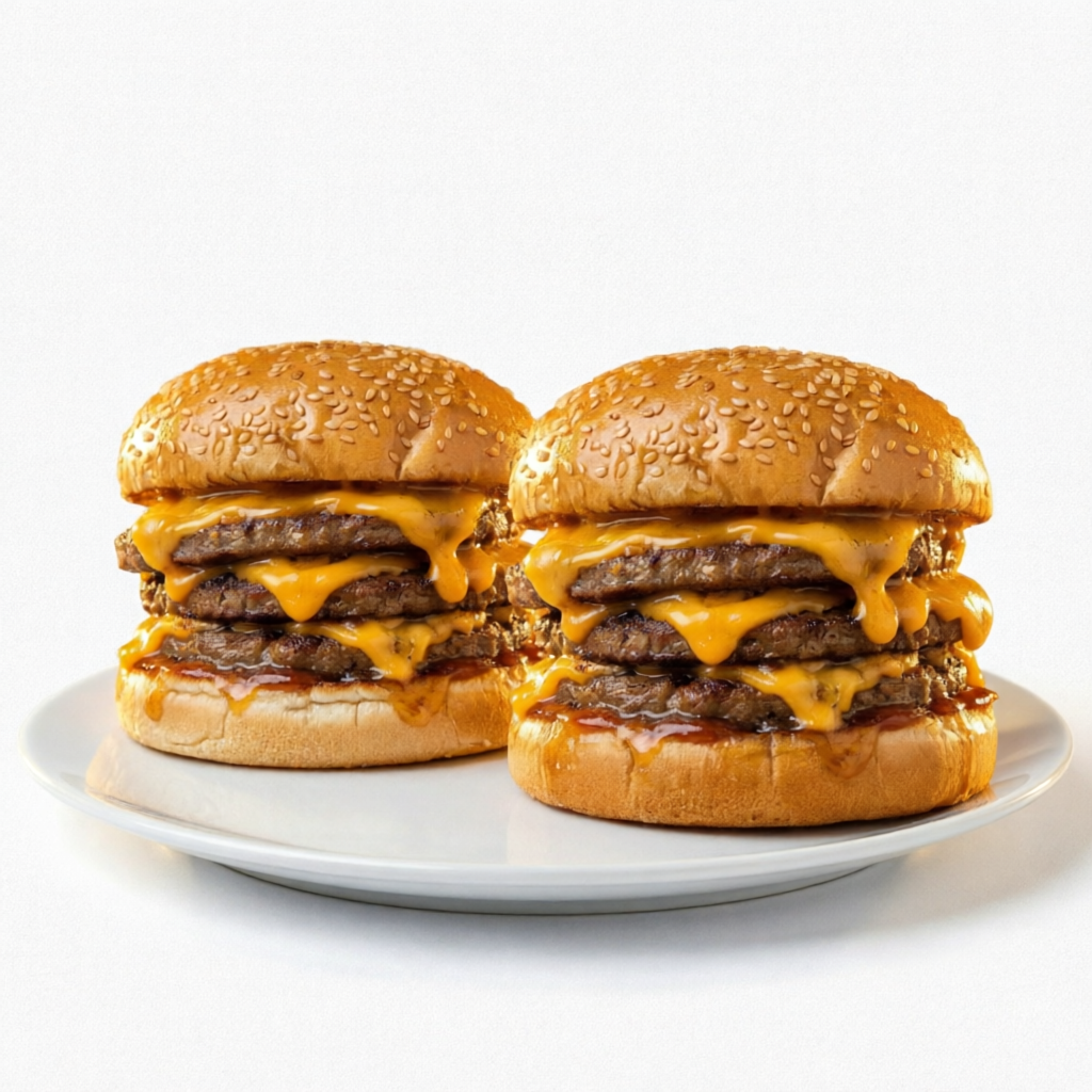 2 Lanches Triplo cheddar (pão com gergelim, 3 hamburguês 56g cada, + muito molho cheddar melt)