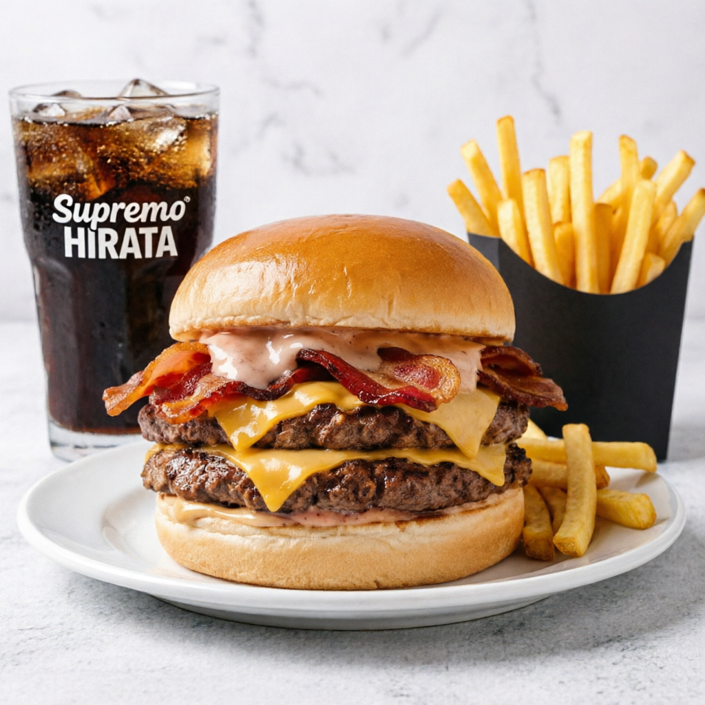 Um combo irresistível para quem não abre mão de muito sabor! Um hambúrguer com duas carnes suculentas, queijo derretido, bacon crocante e molho especial da casa, servido no pão macio. Acompanha batata frita pequena e refrigerante para completar a experiência. Uma combinação perfeita para matar a fome!